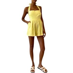 Rumer Quinn Plain Playsuit In Lemonade Halter Neck Linen Romper Large New